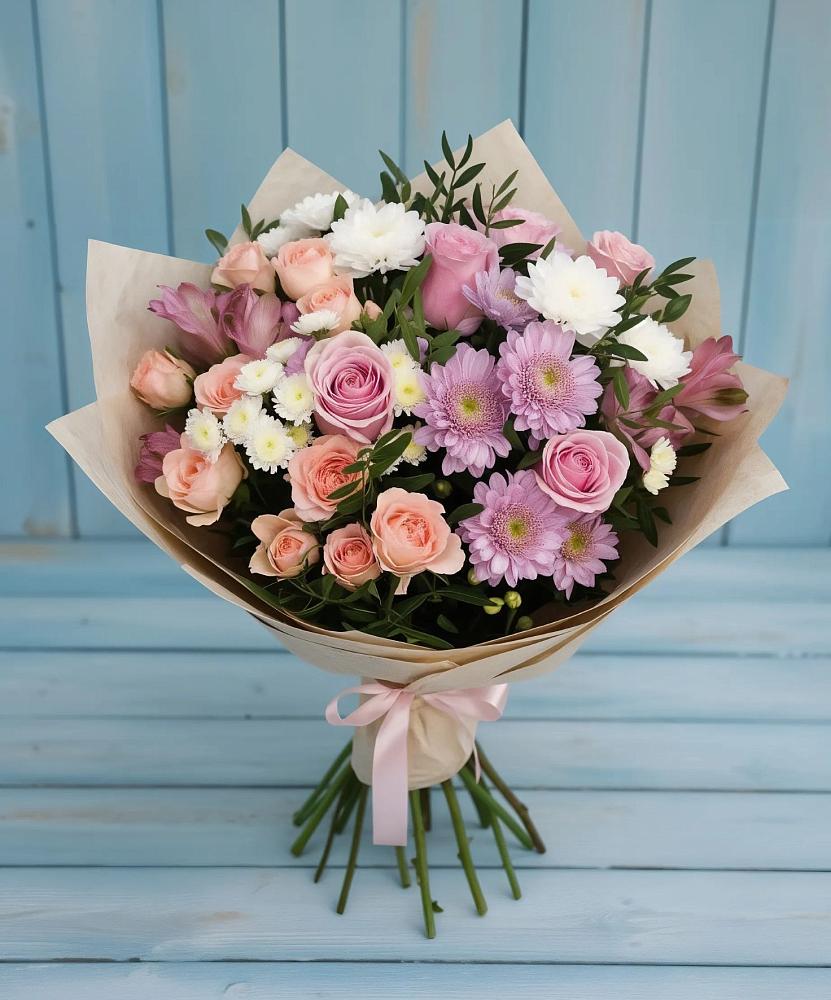 Букет цветов из: Хризантемы, Розы и Альстромерии в Боршева